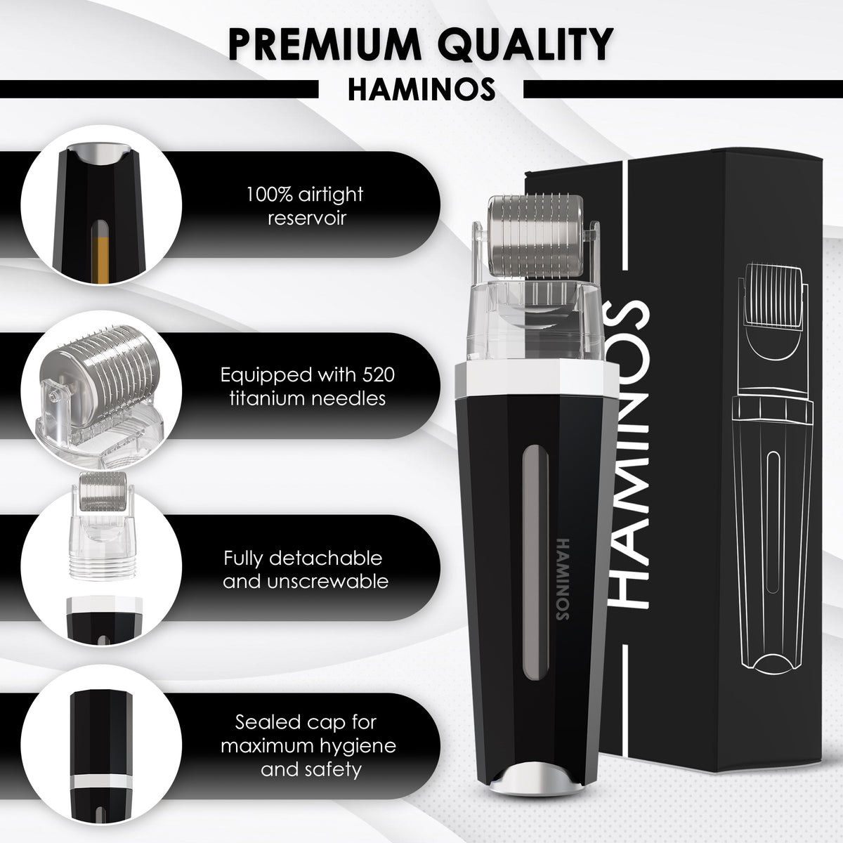 HAMINOS Derma Roller 3.0 black — titanium microneedles