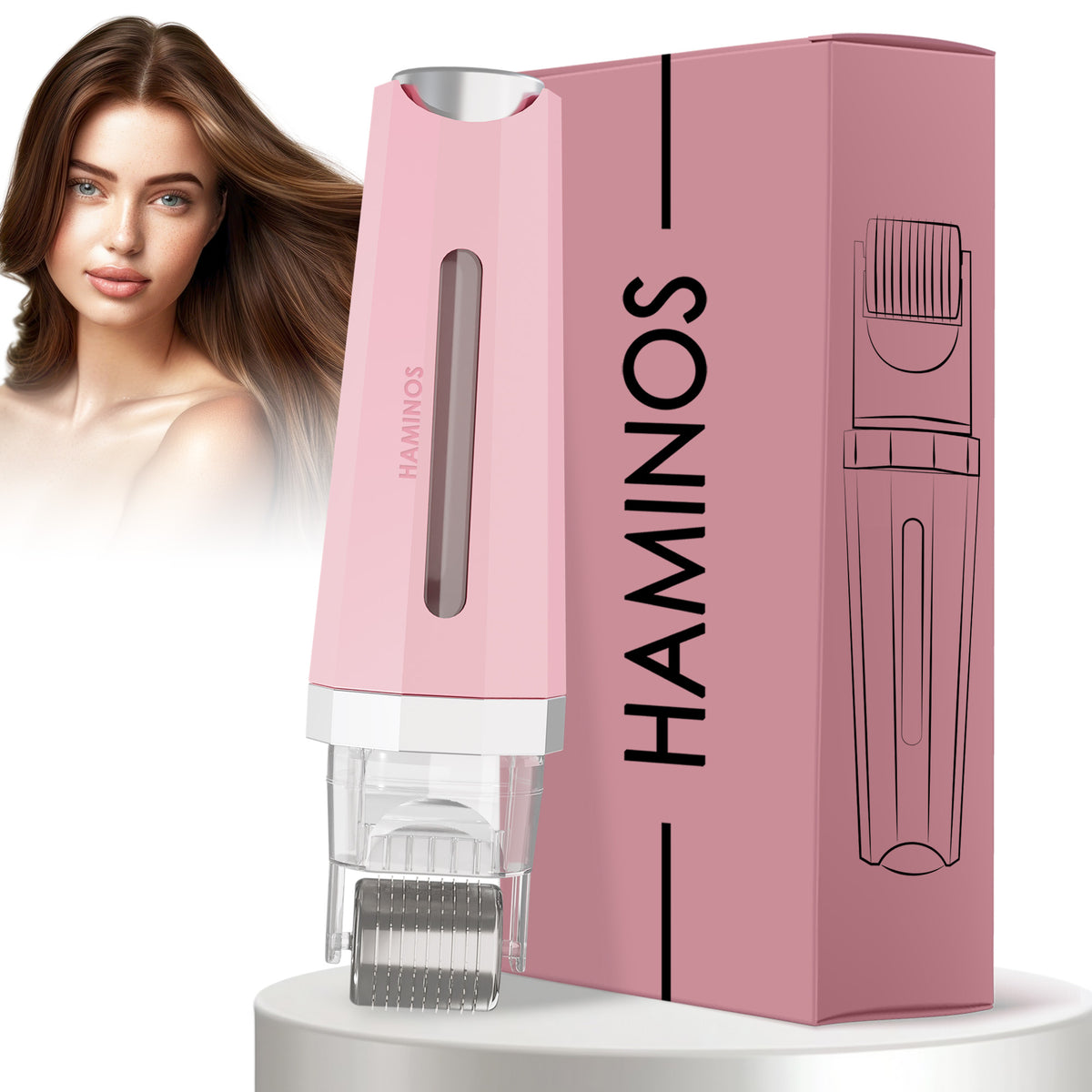 HAMINOS Derma Roller 3.0 pink with serum reservoir, 520 titanium needles